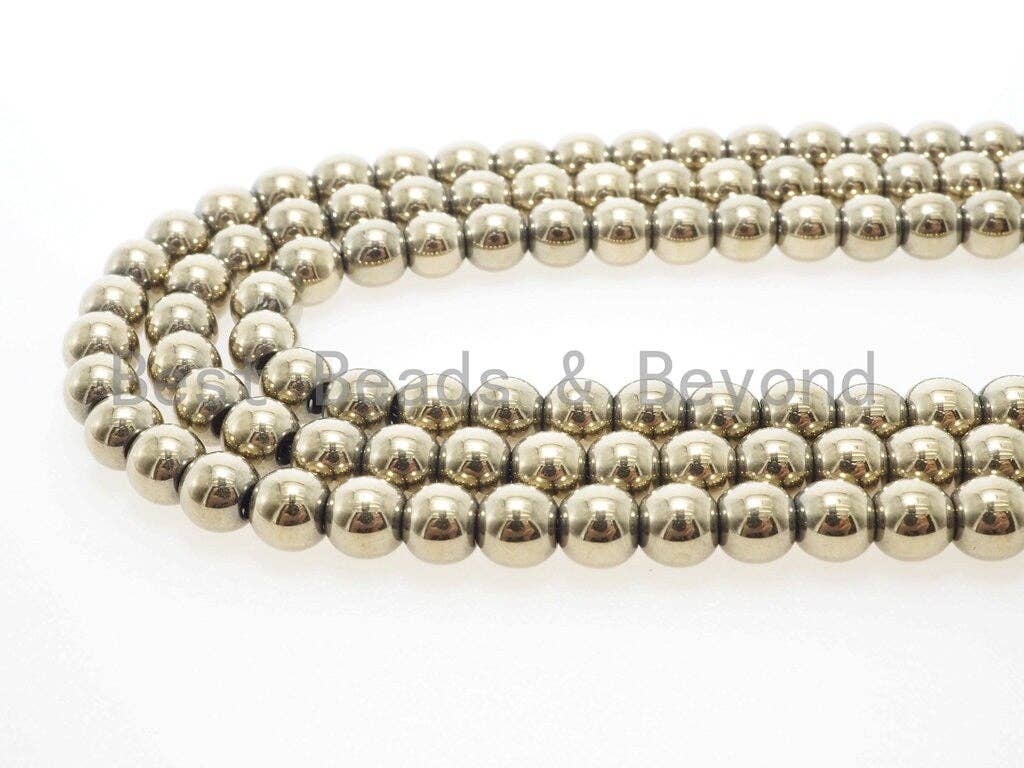 BestBeads&Beyond - Wholesale Beads - PYRITE COLOR Gold Hematite Titanium plated beads, 2/3/4/6/8/10mm Round Smooth Hematite, Gold Color Gemstone, 16inch strand, SKU#S923