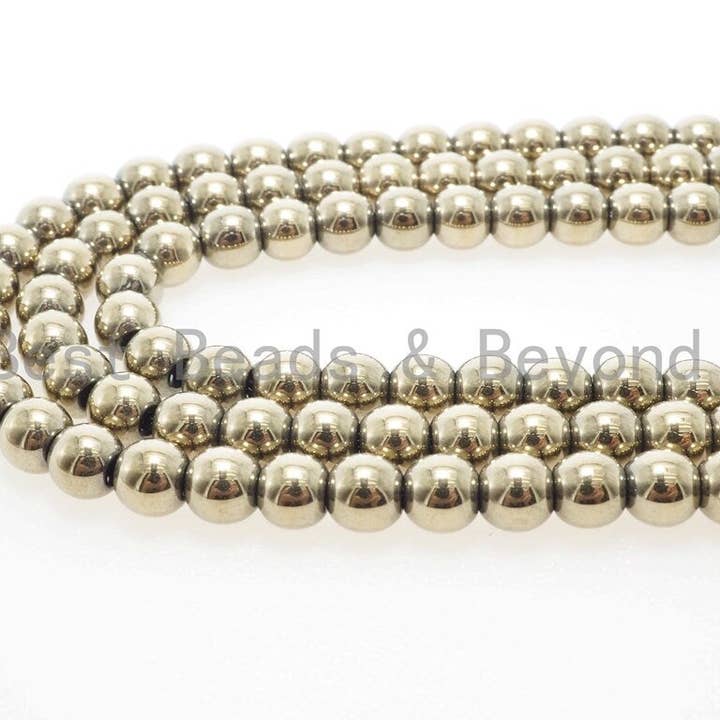 BestBeads&Beyond - Vente Perle - Perles plaquées titane hématite or PYRITE COLOR, hématite lisse ronde 2/3/4/6/8/10mm, pierre gemme de couleur or, brin de 16 pouces, SKU #S923