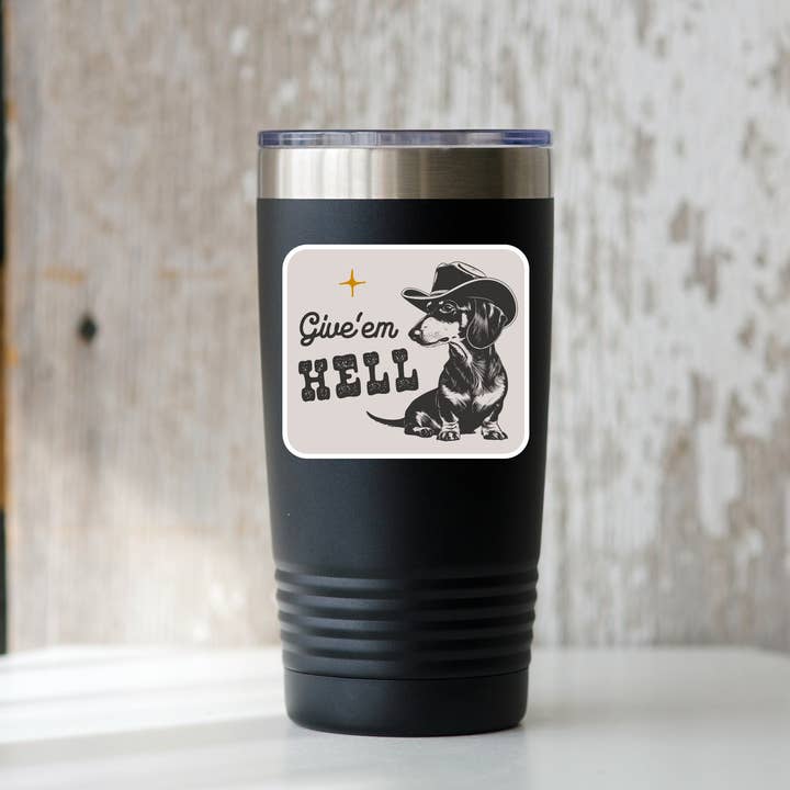 Yarnival - Wholesale Sticker - Give'em Hell Sticker - cowboy, western, west, dog, dachshund1