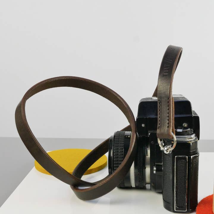 Slim Brown Leather Camera Strap - Messel Stitched for wholesale by TILT//SHIFT Leatherworks
