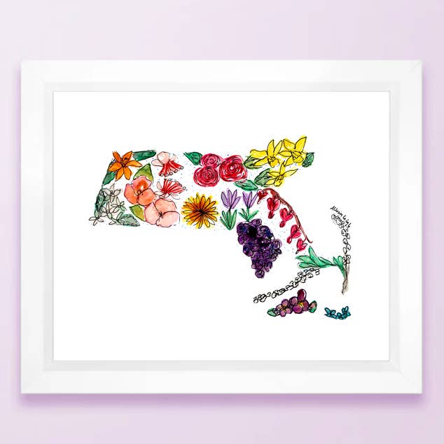 Blommig State Karta tryck - Massachusetts för wholesale av Allison’s Illustrations