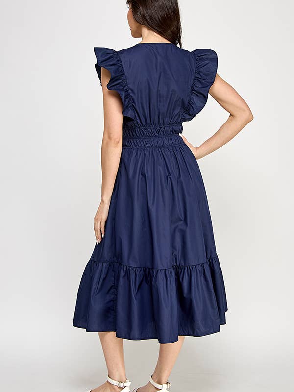 RUBIENN - Wholesale Dress - Women's - Lace Trim V-Neck Sleeveless Smocked Midi Dress.3