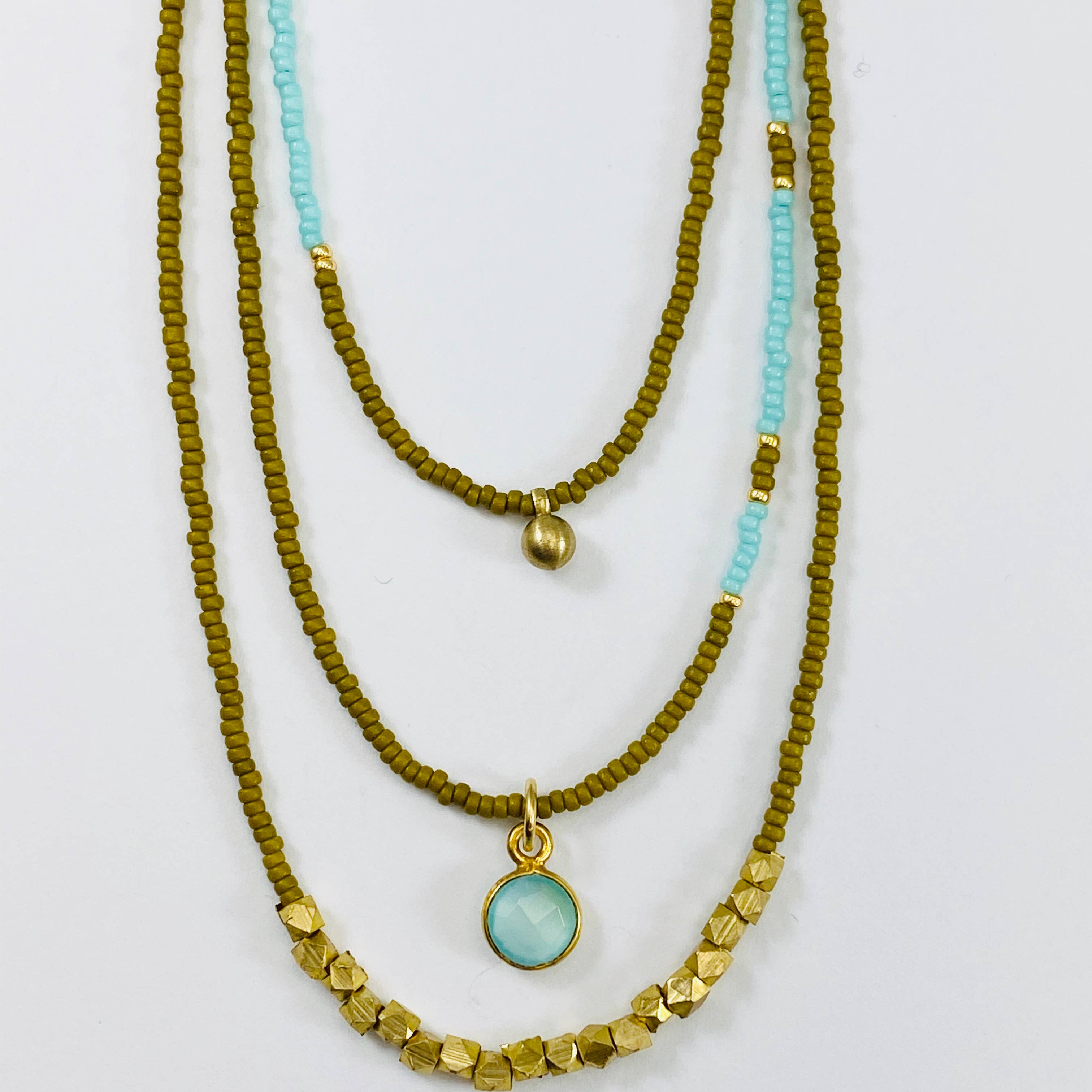 Sarah Crawford Handcrafted - Wholesale Jewelry Set - Greens Triple Beaded Necklace Set - Chalcedony & Tiny Brass3