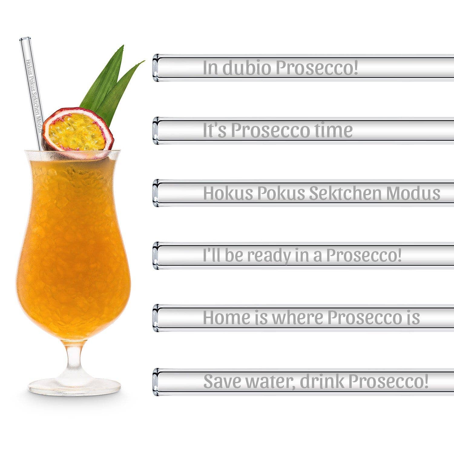 HALM Straws - Wholesale Drinking Straw - Prosecco sayings engraved glass straws with 6 fun sparkling wine toasts6