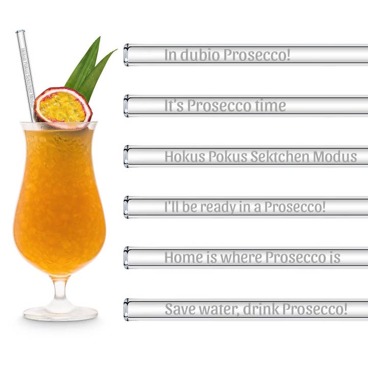 HALM Straws - Wholesale Drinking Straw - Prosecco sayings engraved glass straws with 6 fun sparkling wine toasts6