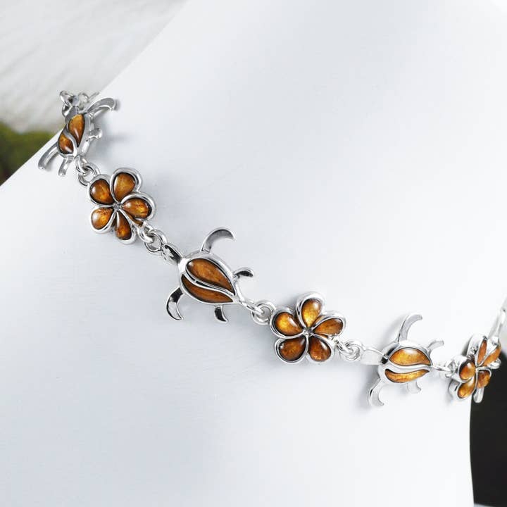 Hawaiian Large Genuine Koa Wood Sea Turtle Plumeria Bracelet, Sterling Silver Koa Wood Turtle Bracelet, B3320 Birthday Mom Gift for wholesale by Paradise Treasures Jewelry