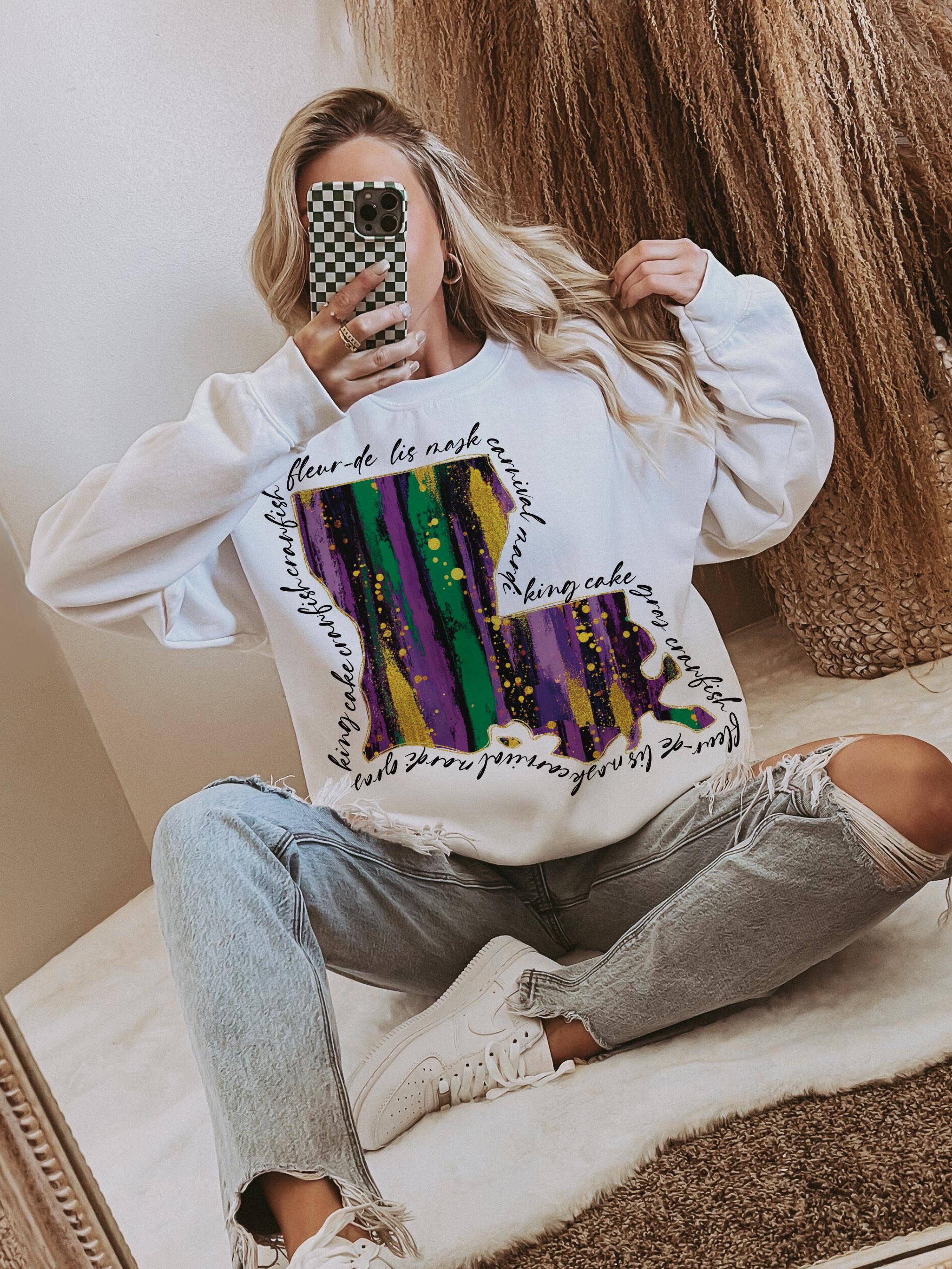 NVC Ecommerce LLC – wholesale T-shirt (graphic) – women's – Louisiana Mardi Gras Shirt, Mardi Gras Louisiana Map Sweater3