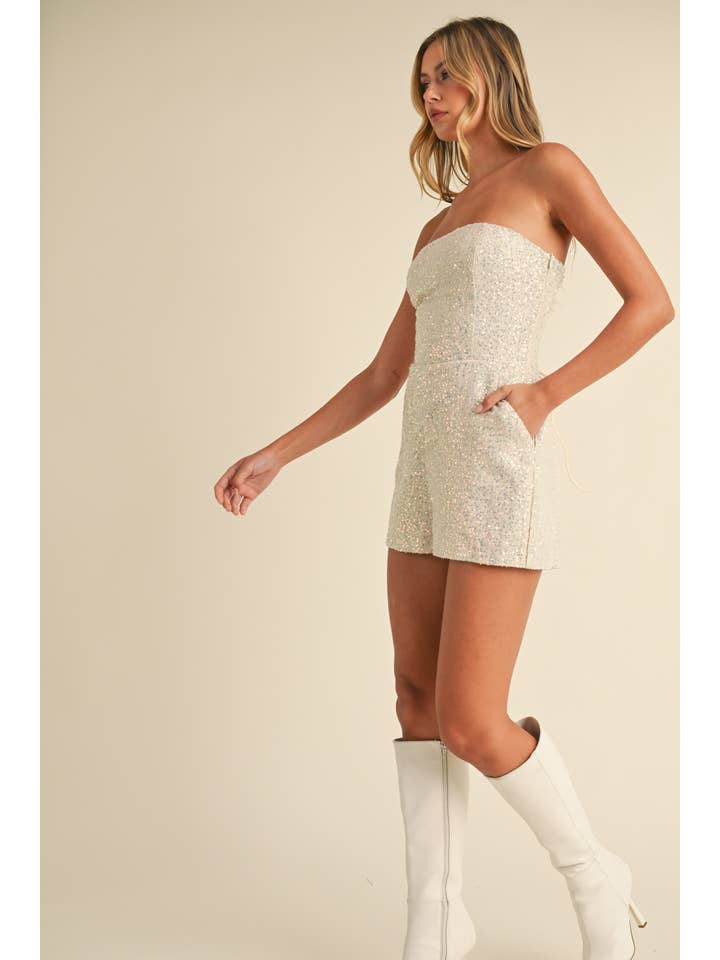 Klesis - Wholesale Romper - Women's - IR2136 SEQUINS TWEED LACE UP BACK STRAPLESS ROMPER