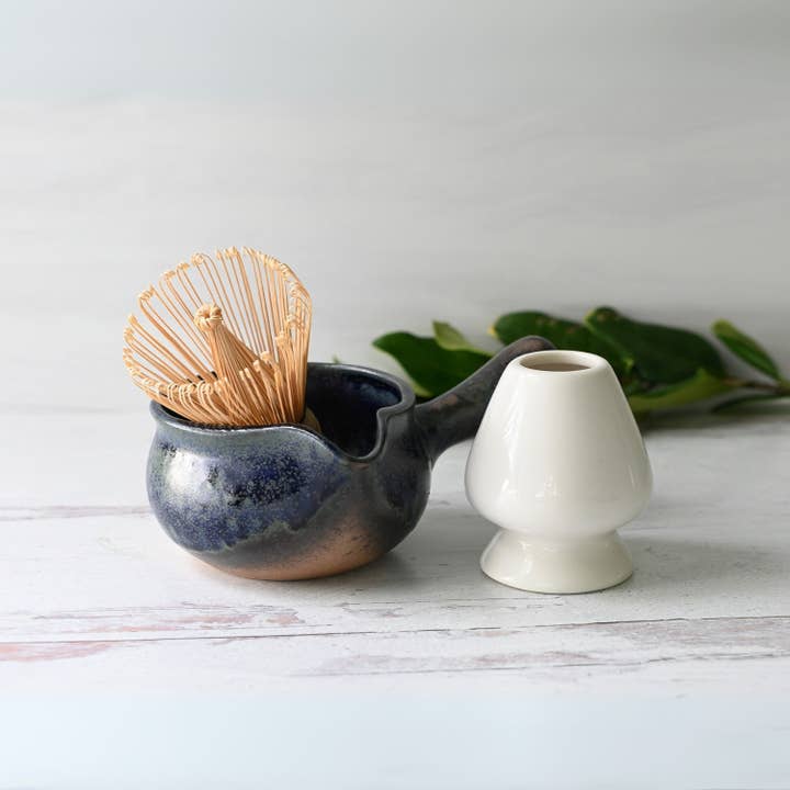 Blue Spouted Ceramic Matcha Bowl, Bamboo Matcha Whisk and Whisk Holder Set for wholesale by Aprikalife