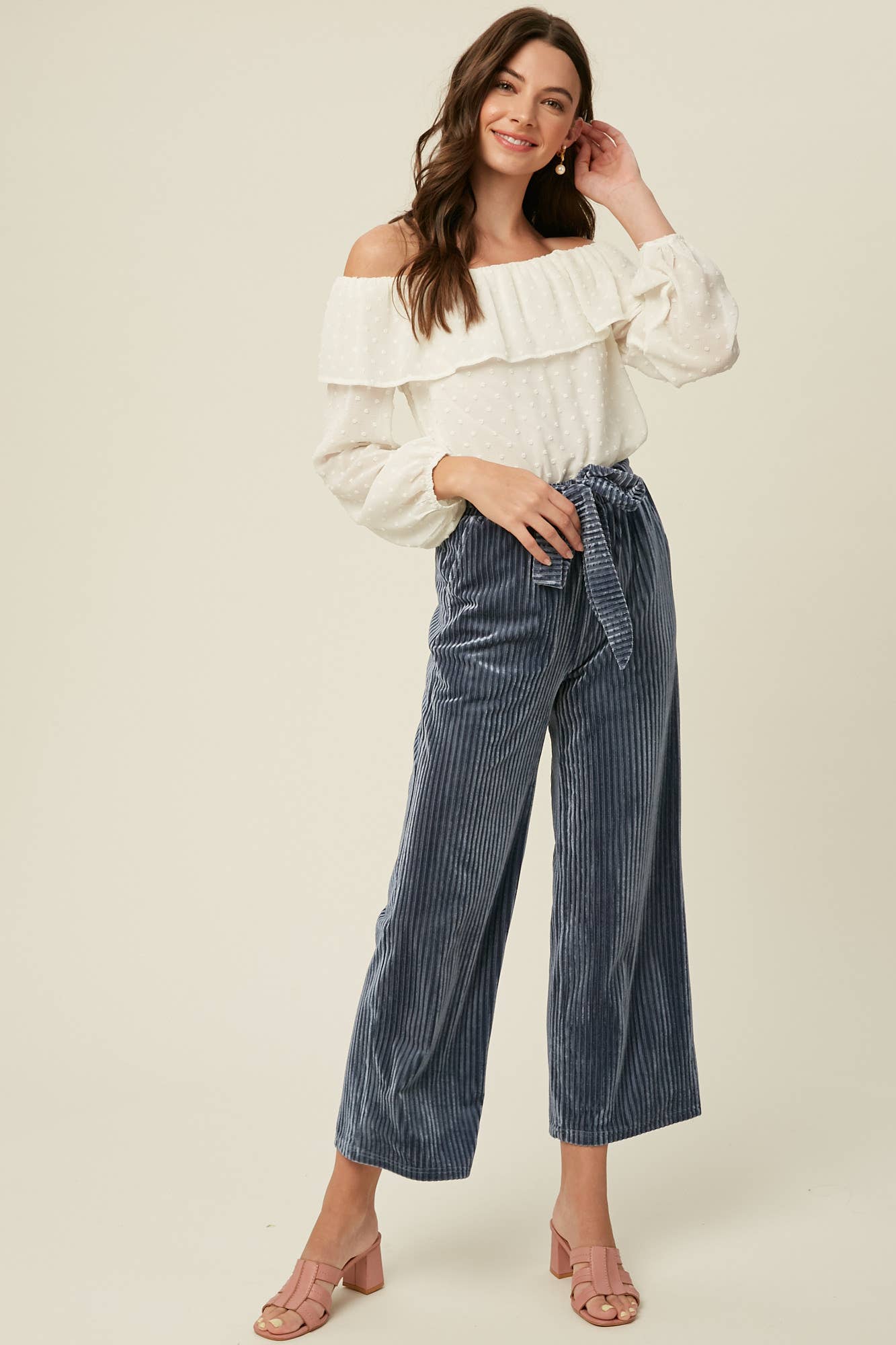 Cream Swiss Dot Off-Shoulder Ruffle Blouse LT0895 for wholesale on Faire8