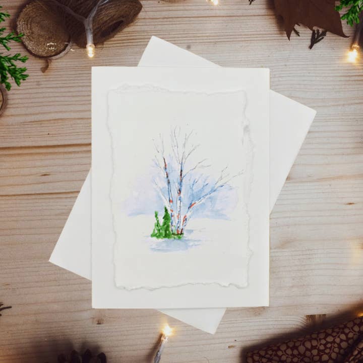 Bouleaux (vierges) - Carte peinte à la main pour la vente par Irony Art