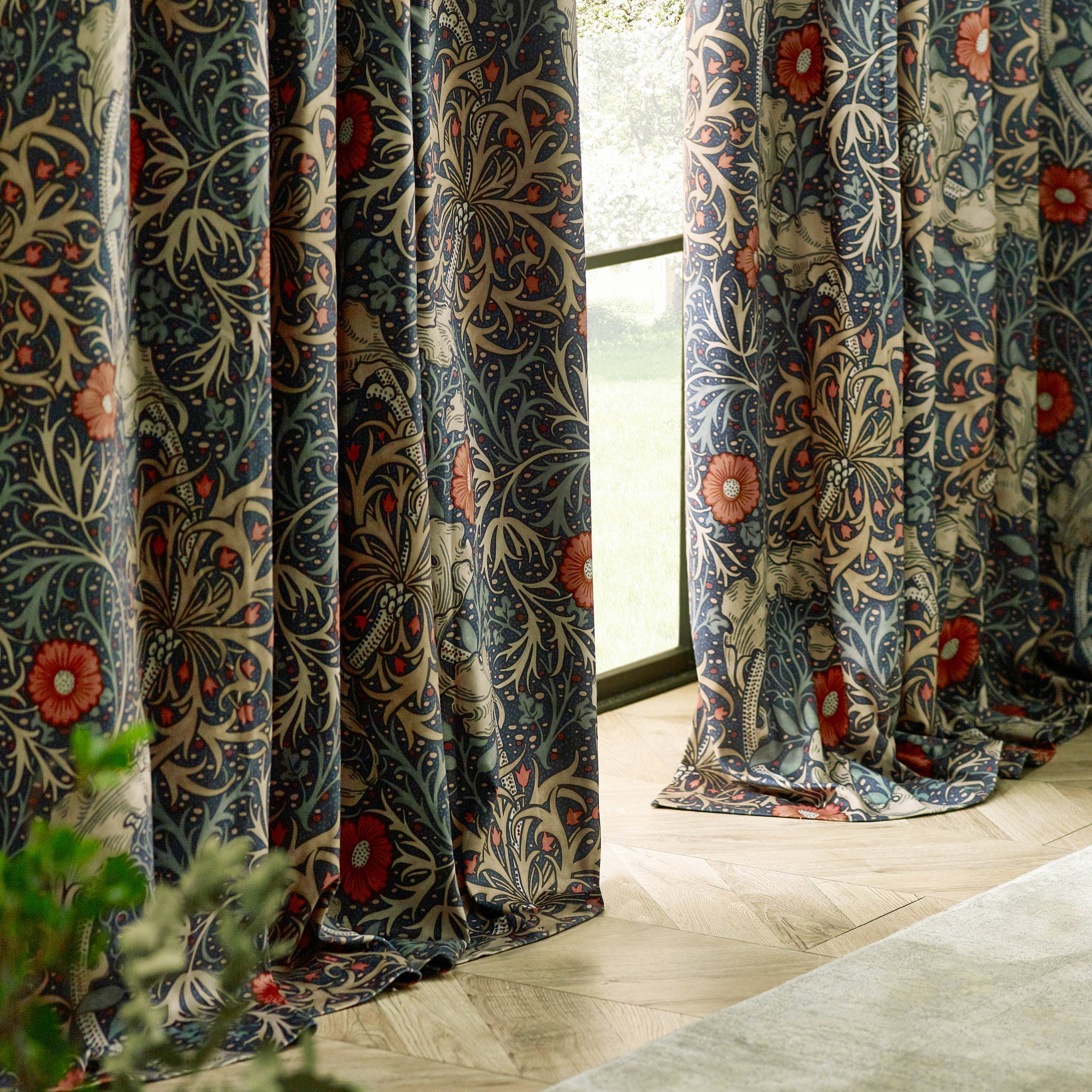 Seaweed Printed Velvet Pencil Pleat Curtains Indigo for wholesale on Faire4