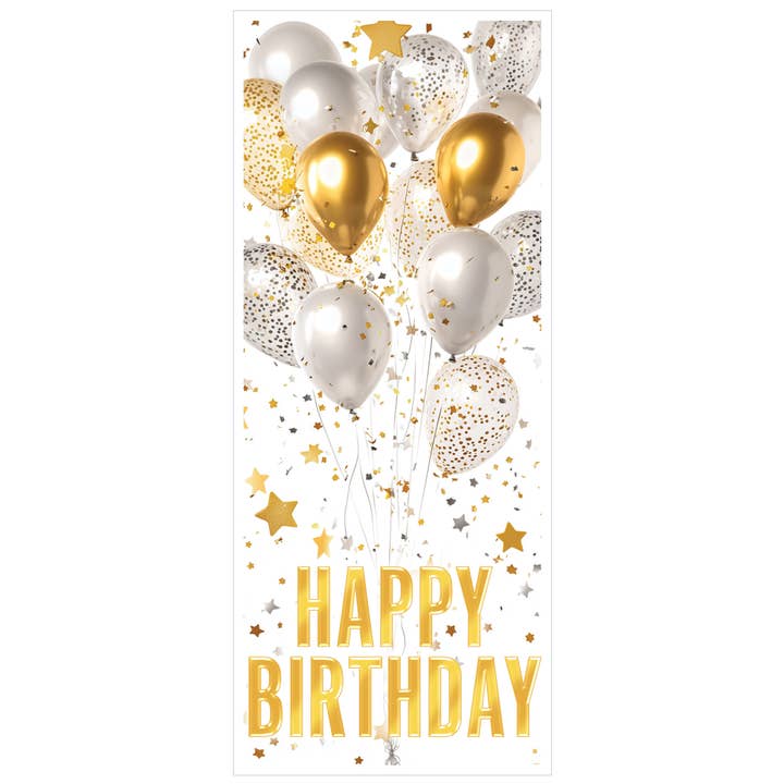 Cobertura de Porta "Feliz Aniversário" Branca e Dourada, 1,83 m x 76 cm por atacado de Beistle