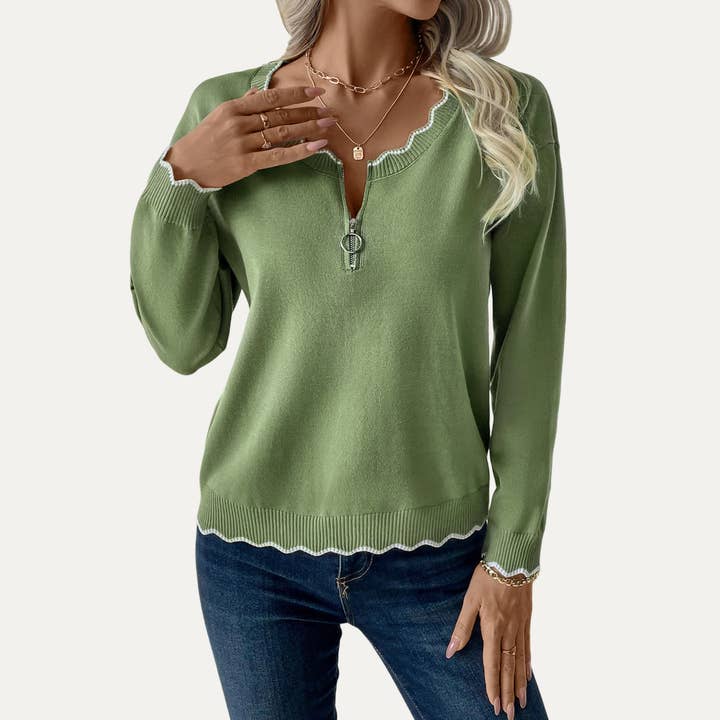 Verde salvia Adorabile maglione in maglia a maniche lunghe con zip verde salvia in vendita all'ingrosso su Faire