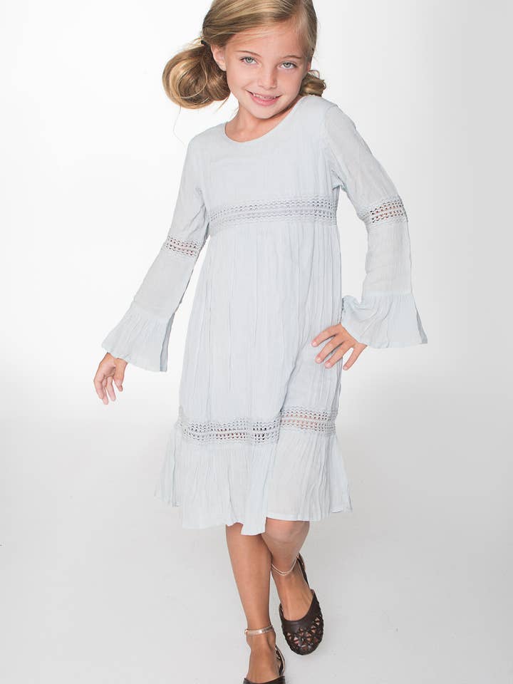 Powder Blue Lace Detail Long Bell Sleeves Dress : Toddler : Tween : Kids for wholesale by Yo Baby