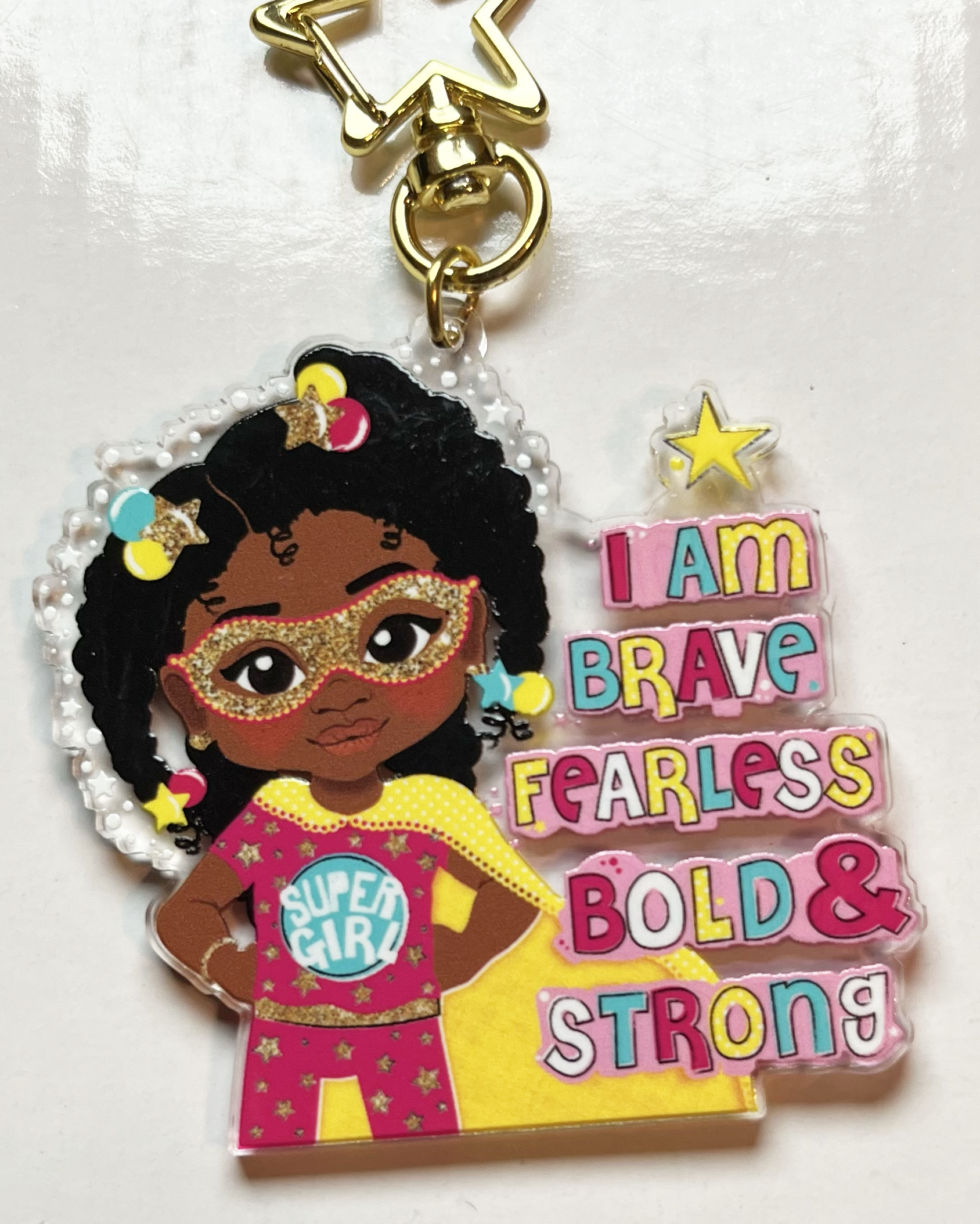 Fefus Designs - Wholesale Keychain - Kids - Black Girl Superhero Keyring – Empowering Recycled Acrylic Bag Charm for Kids | Afro Girl Keychain by Fefus Designs3