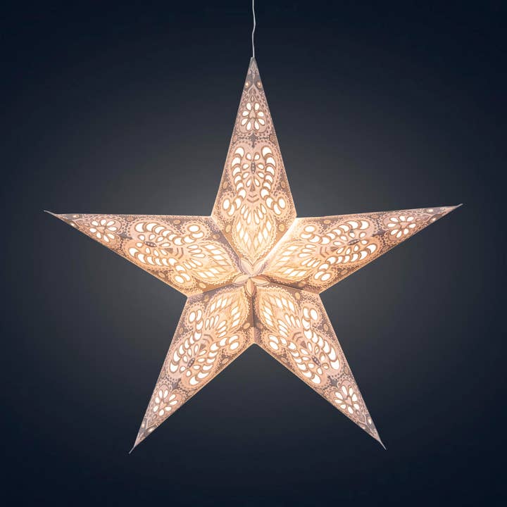 Phoenix 5 Pointer 24 inch White w/ Glitter Paper Star Lantern Light for wholesale by Artschatz LLC
