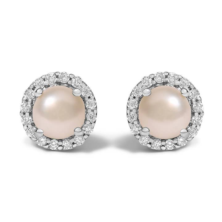 10K Gold Pearl and 1/6 Cttw Diamond Halo Stud Earring for wholesale by Infinite Jewels