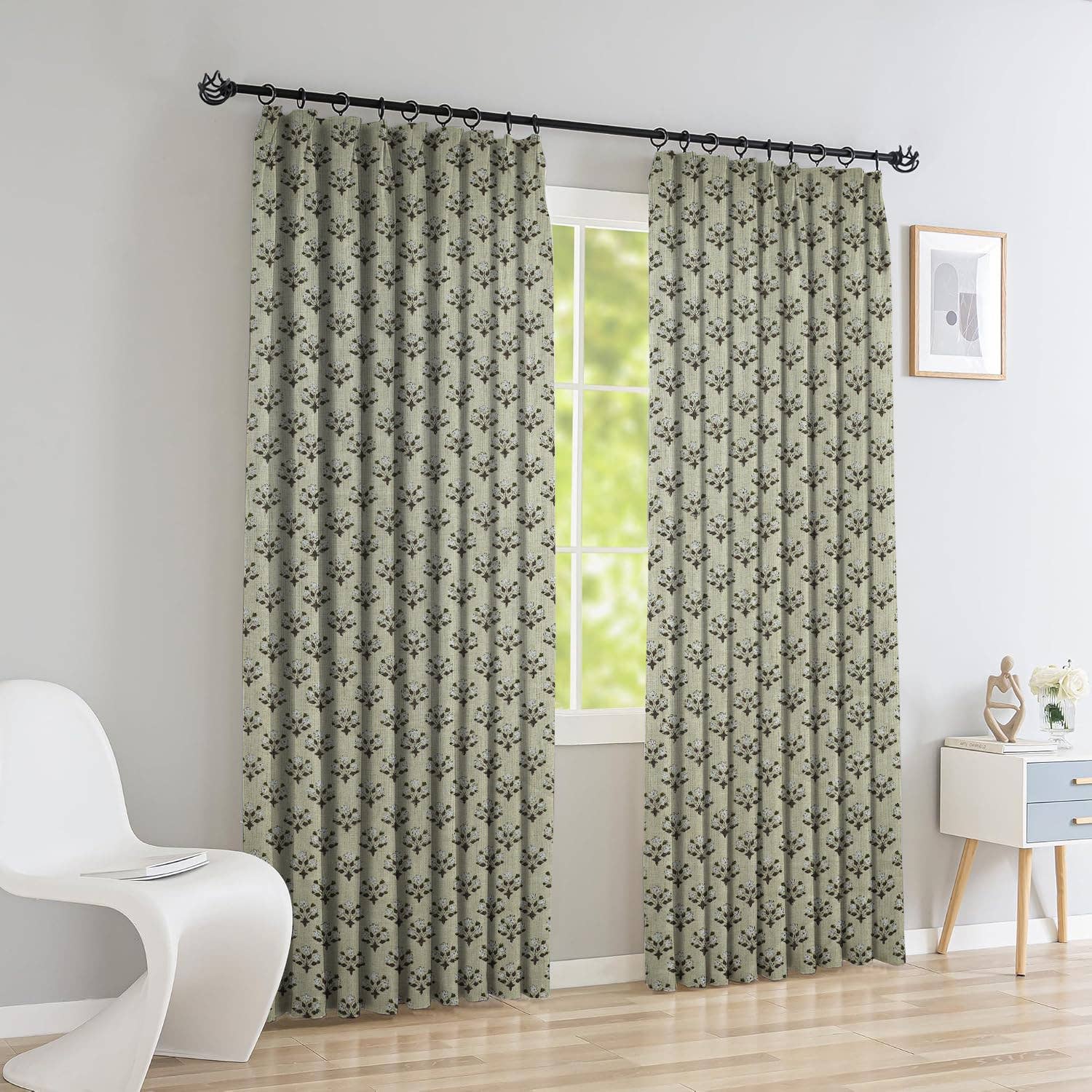 Fabdivine - Wholesale Curtain - Natural Block Print Pure Linen Pleated Curtain-Diwali Flower0