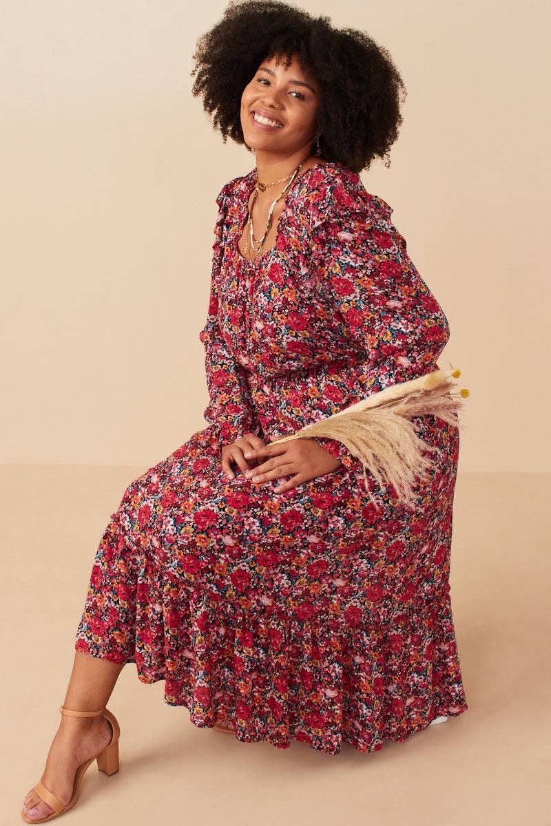 Cherry Womens Floral Print Ruffled Square Neck Midi Dress for wholesale on Faire0