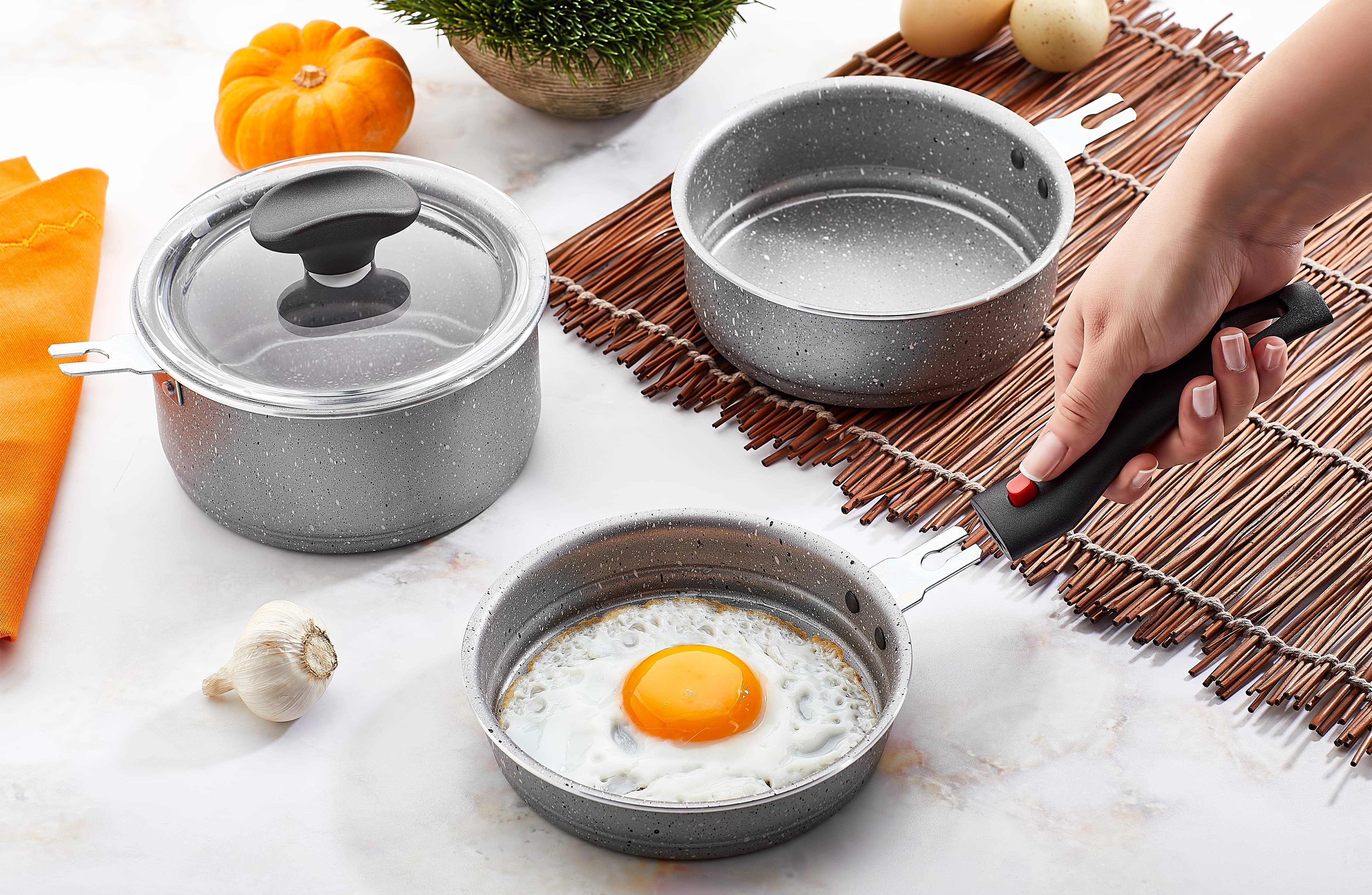Quick Silver Mini Cooking Set | 4-Pieces Detachable Handle Mini Pan With Lid | Papilla's Best Cookware for wholesale on Faire1
