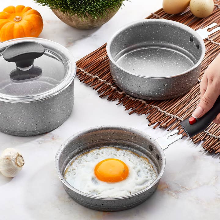 Quick Silver Mini Cooking Set | 4-Pieces Detachable Handle Mini Pan With Lid | Papilla's Best Cookware for wholesale on Faire1