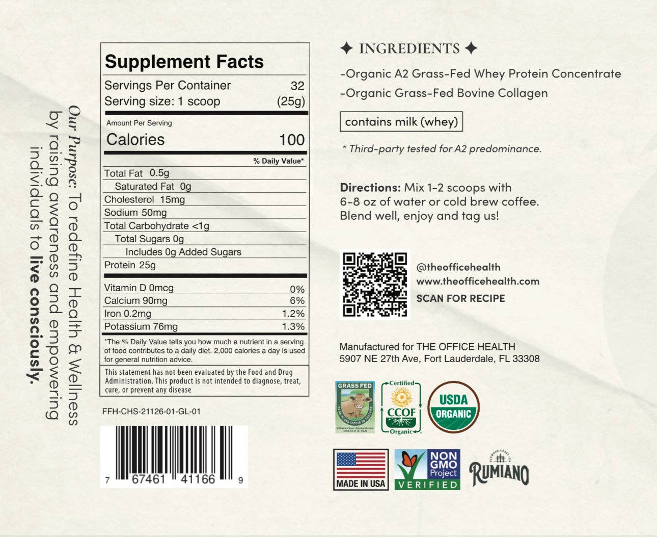 The Office Health - Wholesale Proteïne/superfoodpoeder - Biologische Ongezoete A2 Grasgevoerde Wei-eiwit met Collageen1