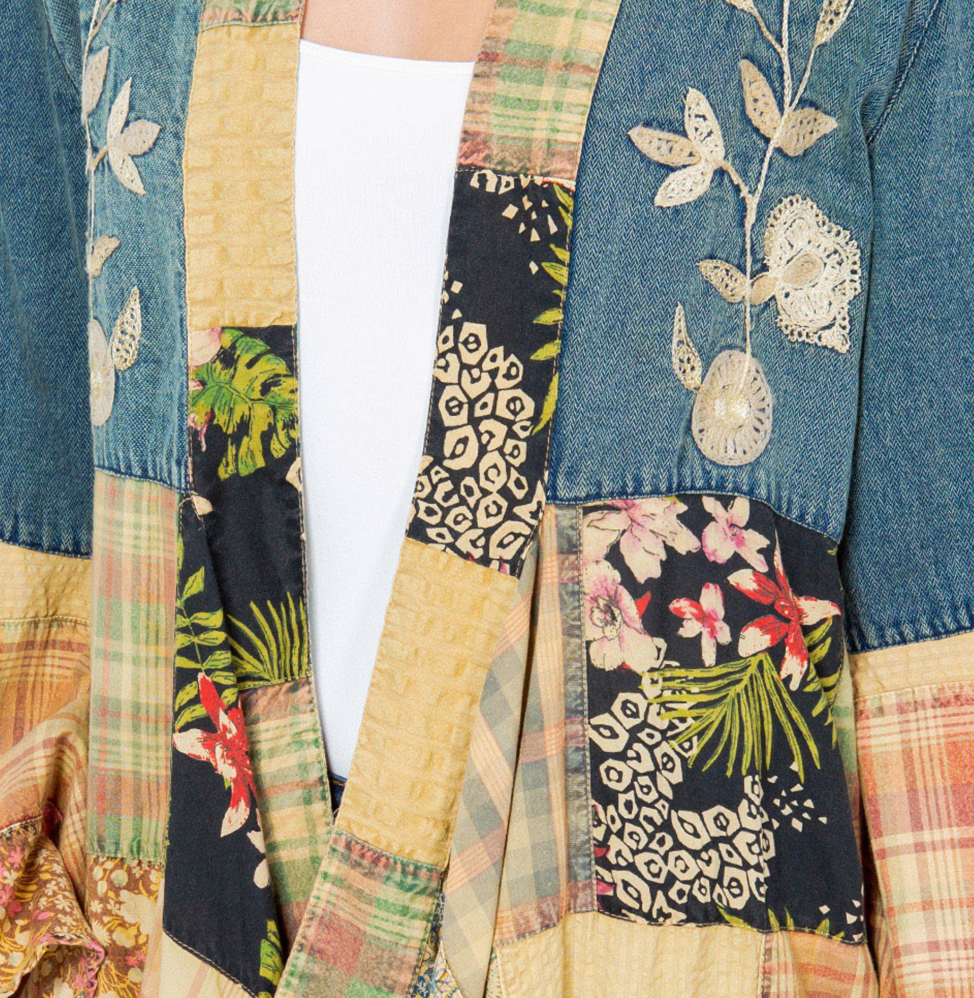 Young Threads – Großhandel Kimono – Damen – Westlicher Boho-Chic: Motivbestickter langer Jeans-Cardigan (NEU)3