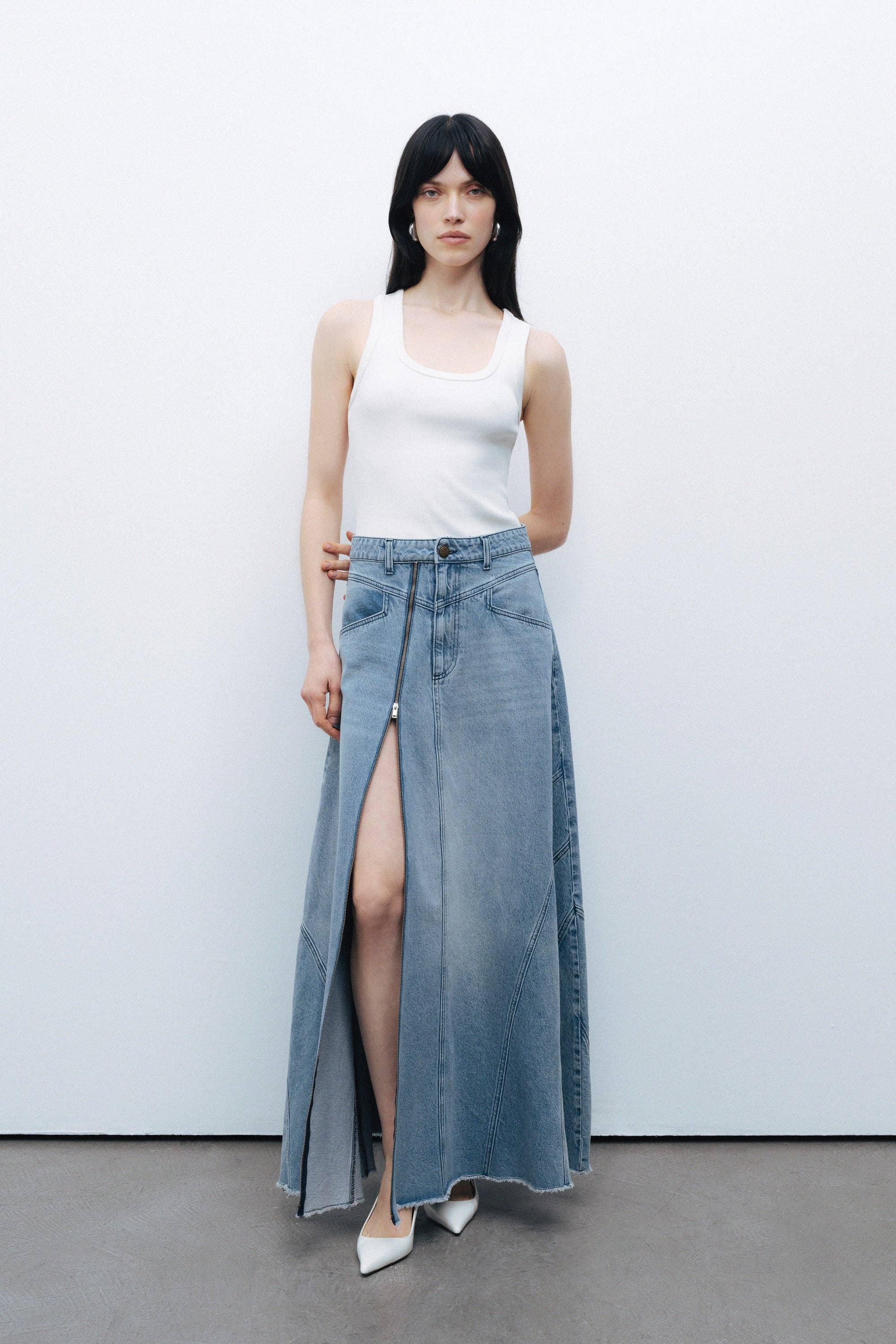 Blue Slit Detailed Maxi Denim Skirt for wholesale on Faire