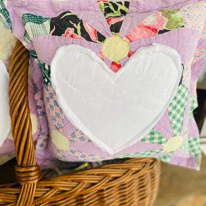 A Gnome on the Roam - Wholesale Throw/Decorative Pillow - Vintage Quilt Block Pillow with Heart Appliqué Cottagecore5