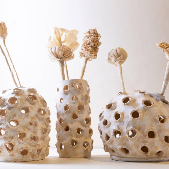 Lg Cylinder Object with holes White Ivory 5.5"X5.5"X11.75" for wholesale on Faire1