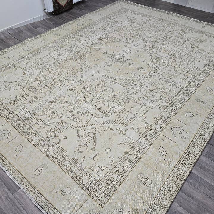 Neutral Turkish Oushak Area Rug 9x12 Beige Cream Brown Vintage Handmade for wholesale by MesopotamiaRugs