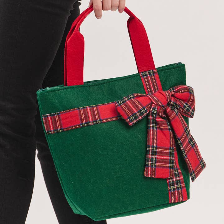 JOIA ACCESSORIES - Wholesale Tote Bag - Women's - CHRISTMAS GREEN TOTE BAG WITH RED PLAID BOW, MB 03214