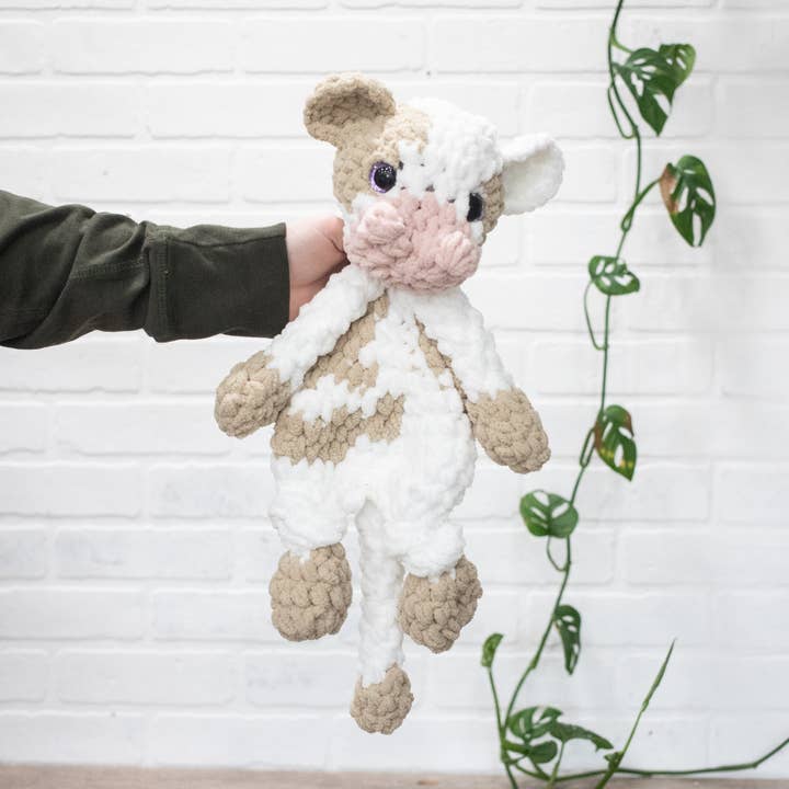 Chocolate Milk Cow Lovey, Cow Stuffed Animal, Crochet Brown and White Cow Snuggler, for wholesale by The McGarvey Workshop