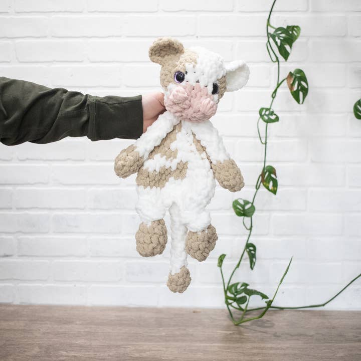 The McGarvey Workshop - Wholesale Stuffed/Plush Toy - Kids & Baby - Chocolate Milk Cow Lovey, Cow Stuffed Animal, Crochet Brown and White Cow Snuggler,13