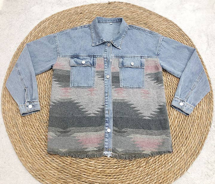 Rosa Clothing - Wholesale Denim Jacket - Women's - Vintage Ethnic AZTEC patchwork oversized denim jacket0