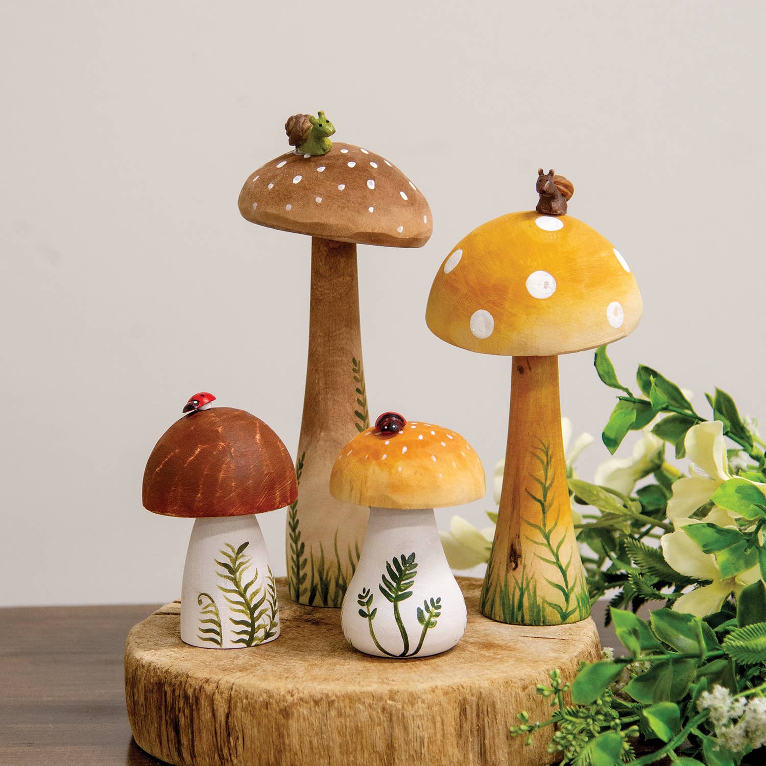 The Hearthside Collection - Wholesale Decorative Tabletop Object - Wooden Handpainted Mushroom Sitter with Snail - 7.5"H2