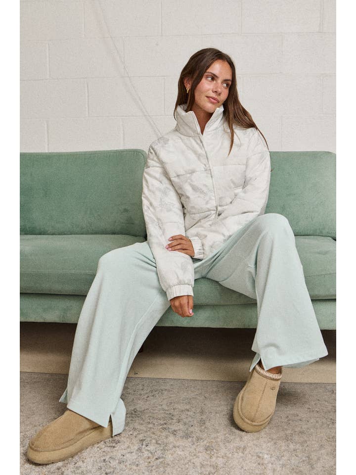 White grey PJ16891-2 - FLORAL ZIP UP PUFFER JACKET for wholesale on Faire2