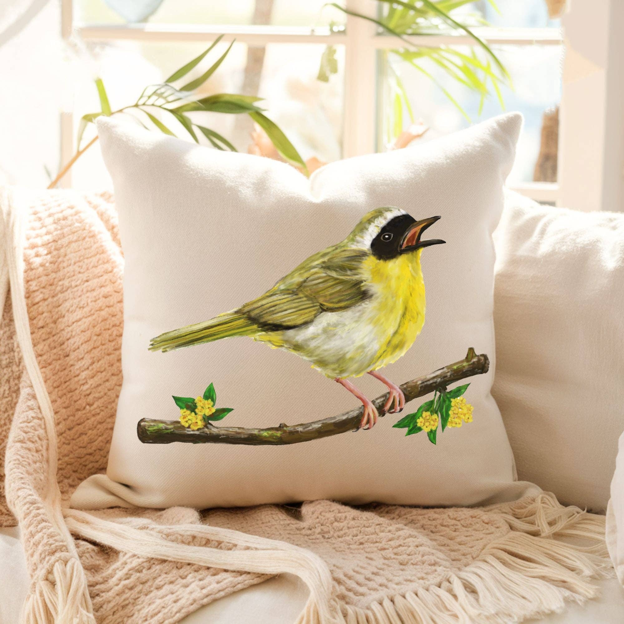 MerikaArt - Wholesale Throw/Decorative Pillow - Common Yellowthroat Bird Pillow0
