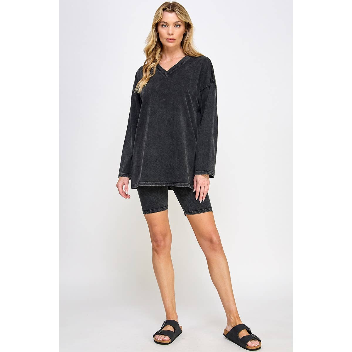 Sweet Generis - Wholesale Lounge Set - Women's - COTTON MINIERAL WASHED OVERSIZE TOP WITH CASUAL BIKER SHORT 24