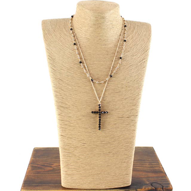 Pretty Persuasions – Colar pingente/pendente por atacado – N24189 Colar de 2 Camadas com Pendente Cruz Adornado com Pendente de Vidro