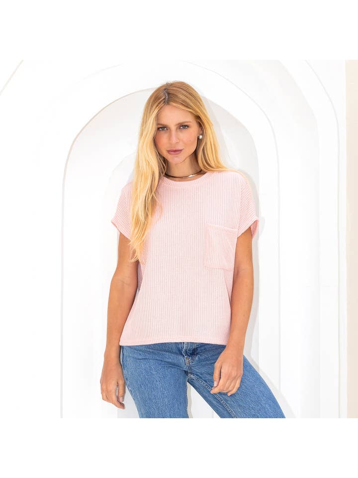 Les Amis - Wholesale Knit Top - Women's - Knitted Solid Short Sleeve Top with Pockets