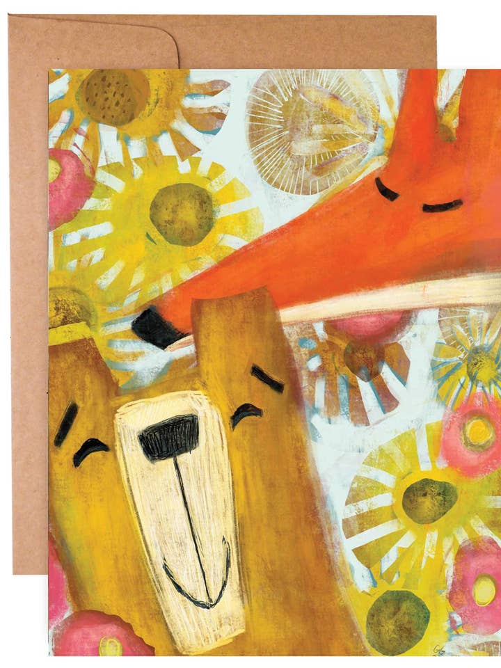 Fox and Bear and Sunflowers - Spring/Summer Blank A2 Card for wholesale by Ginger G. Art