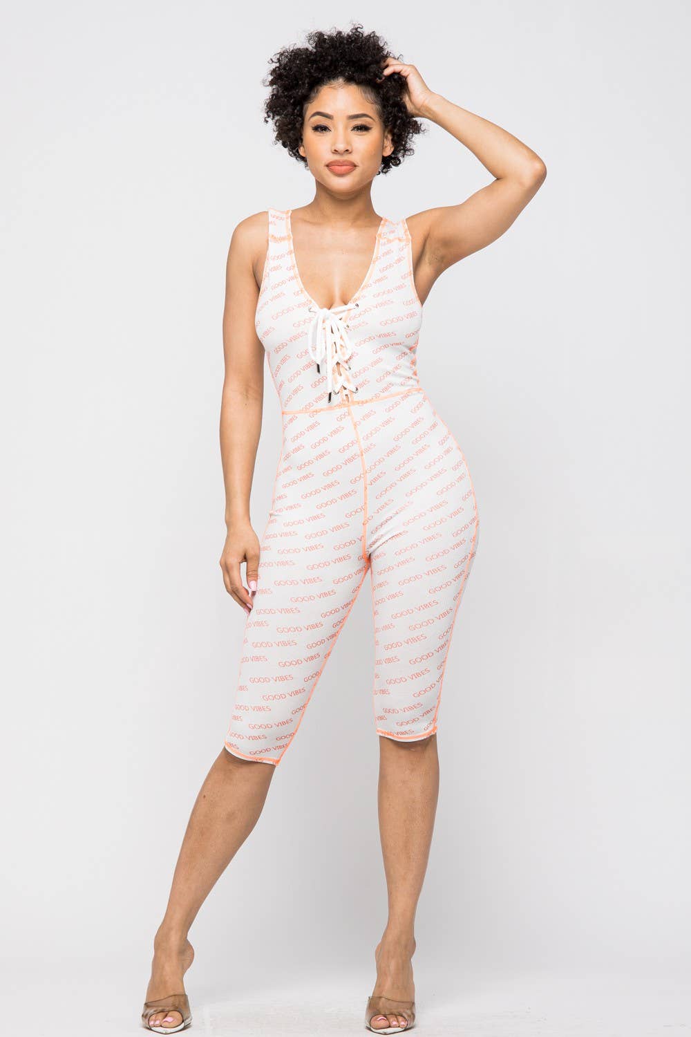 WHITE GOOD VIBES LACE-UP ROMPER for wholesale on Faire0