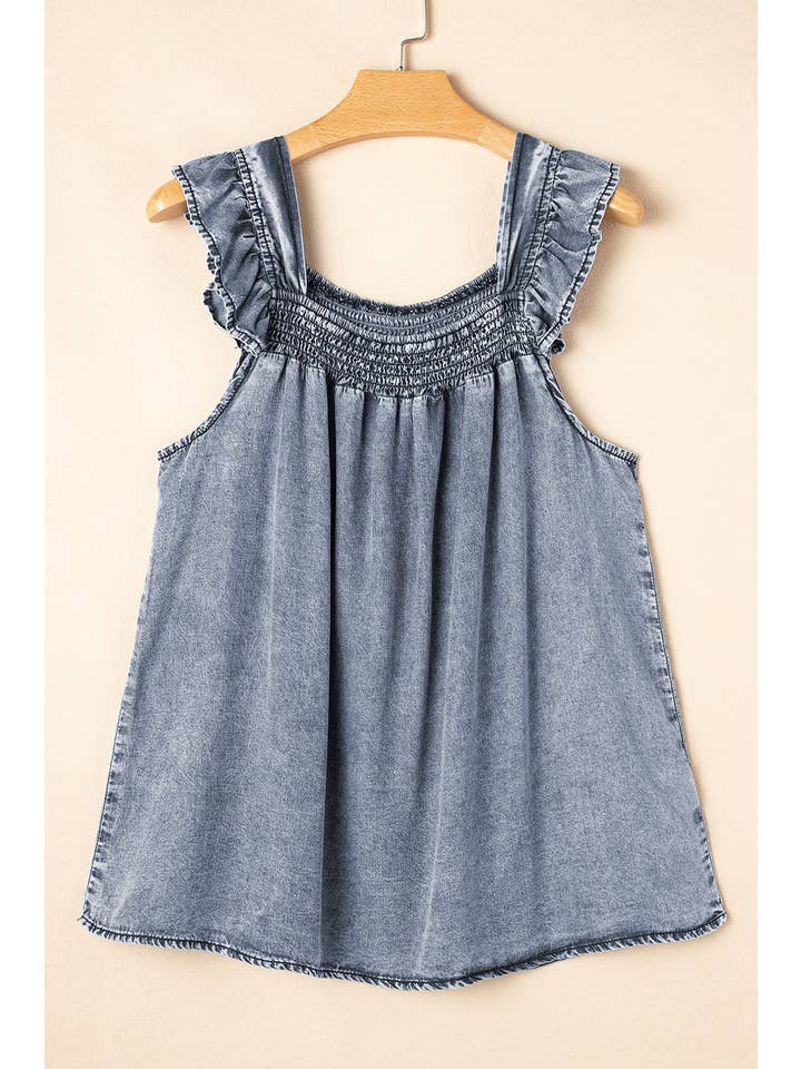 Ashleigh Blue Denim Ruffle Sleeveless Summer Tank Top for wholesale on Faire