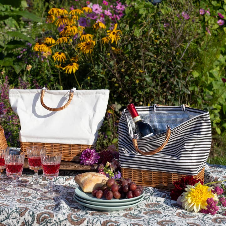 SAC ISOTHERME EN OSIER ET TISSU RAYÉ AVEC POIGNÉE EN OSIER pour la vente par Bacon Basketware