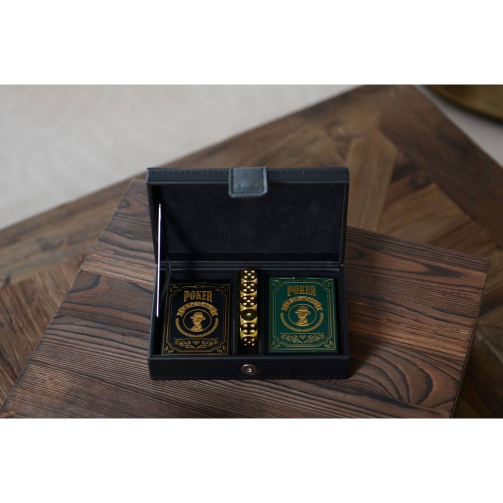 AULICA - Wholesale Playing Cards - 2 poker sets and 5 golden dice in a black faux leather case1