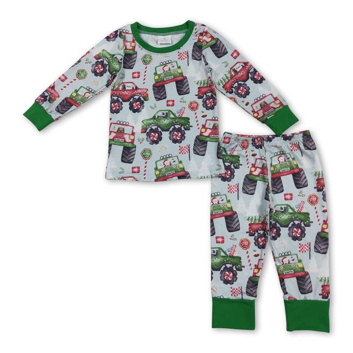 Red green cars santa kids boys Christmas pajamas for wholesale by Yawoo Garments