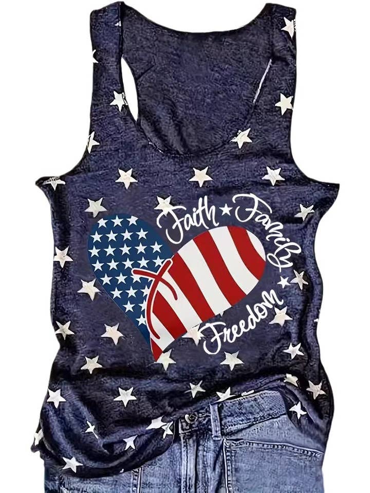 July 4th Stylish USA Flag Print Crewneck Tank Top for wholesale by Rosa Clothing
