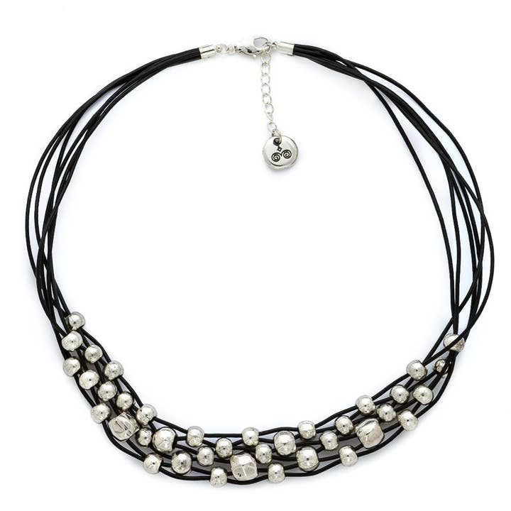 Sterling Silver plated Beads on Black Leather Necklace for wholesale by Trades by Haim Shahar